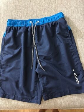 Speedo Men's Dark Navy Swim Trunks with Bright Blue Waistband